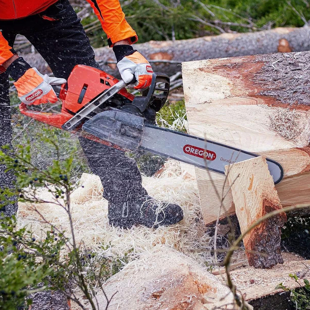 Person using a chainsaw to cut a log with visible Oregon branding.
