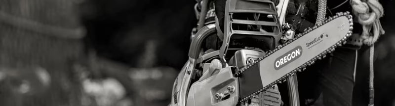 Black & White Image of Chainsaw with Oregon branding