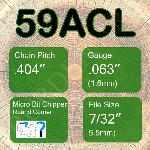 Product specifications for Oregon 59ACL Micro Bit Chipper Chain on a faded tree background