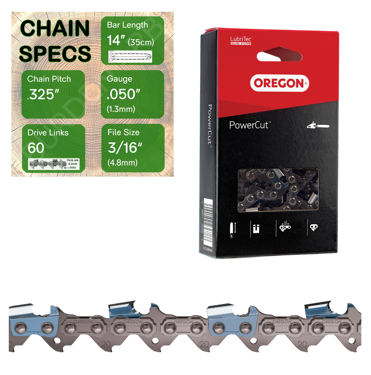 14" Oregon 20LPX060 Chainsaw Chain with specs