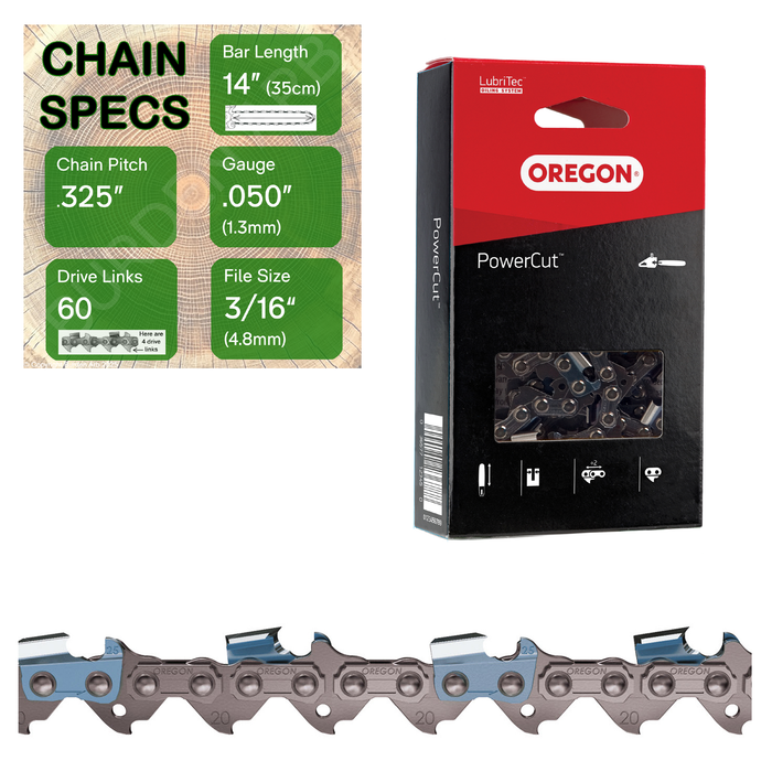14" Oregon 20LPX060 Chainsaw Chain with specs