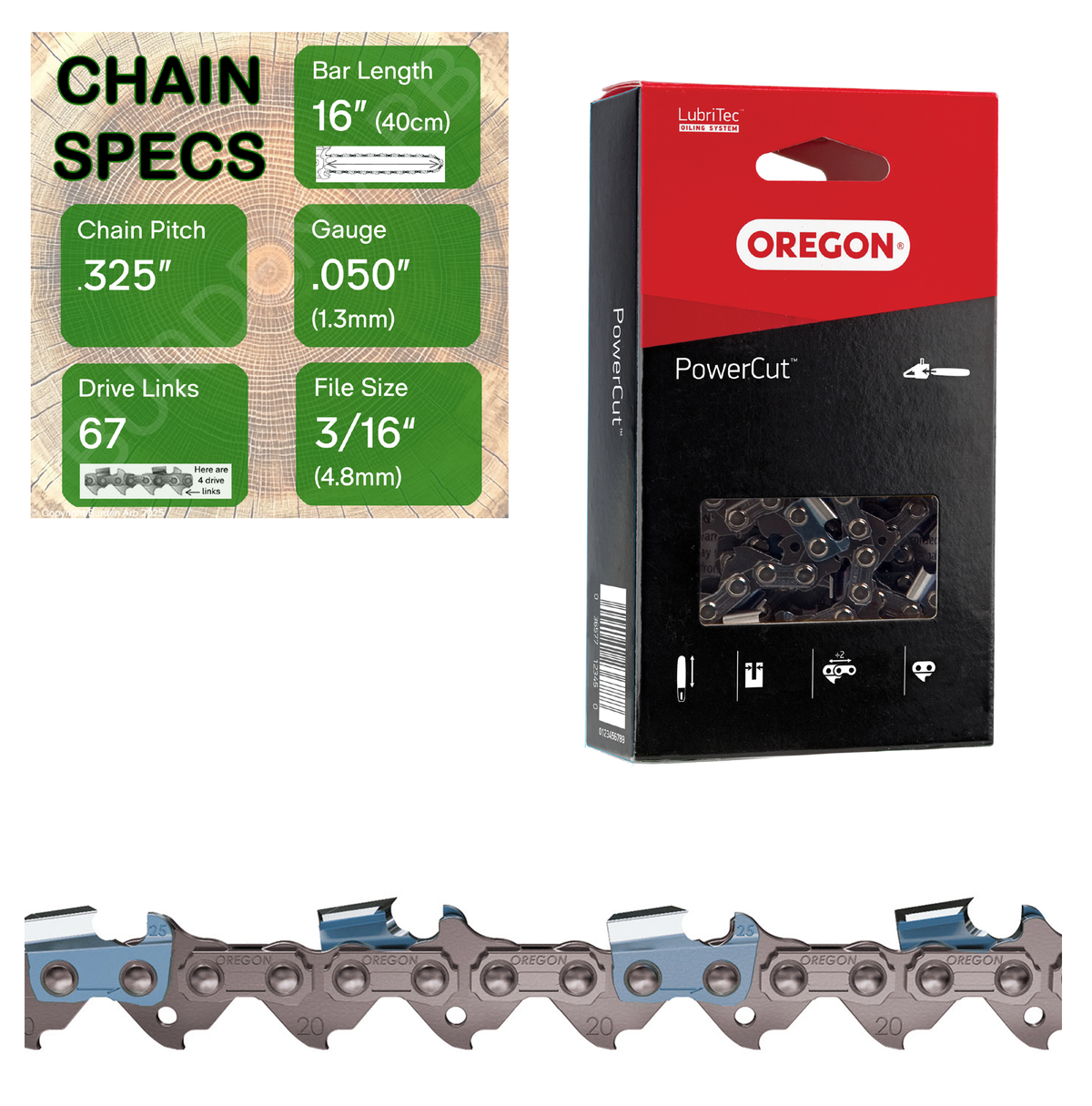 16" Oregon 20LPX067 Chainsaw Chain with specs