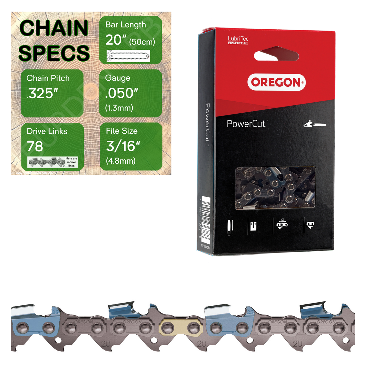 20" Oregon 20LPX078 Chainsaw Chain with specs