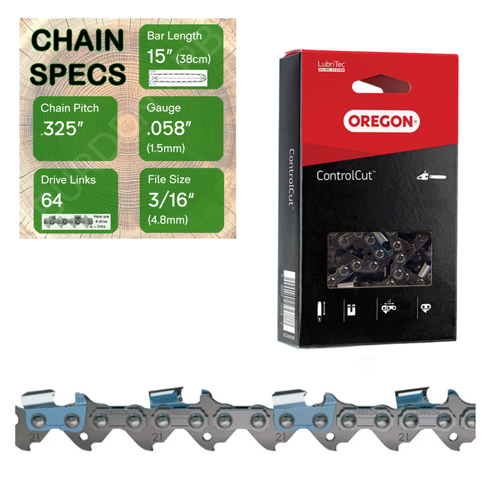 15" Oregon 21BPX064 Chainsaw Chain with specs