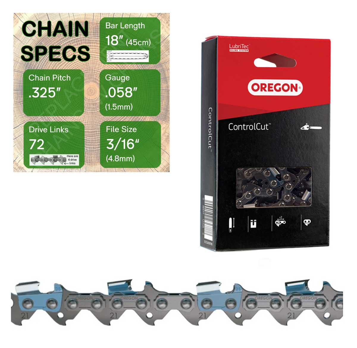 18" Oregon 21BPX072 Chainsaw Chain with specs