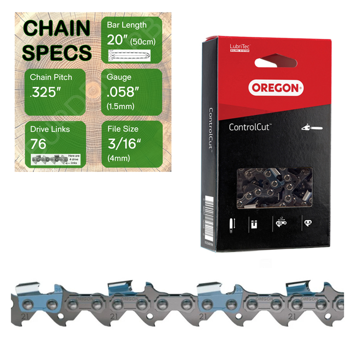 20" Oregon 21BPX076 Chainsaw Chain with specs