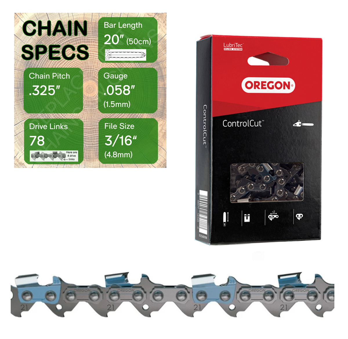 20" Oregon 21BPX078 Chainsaw Chain with specs