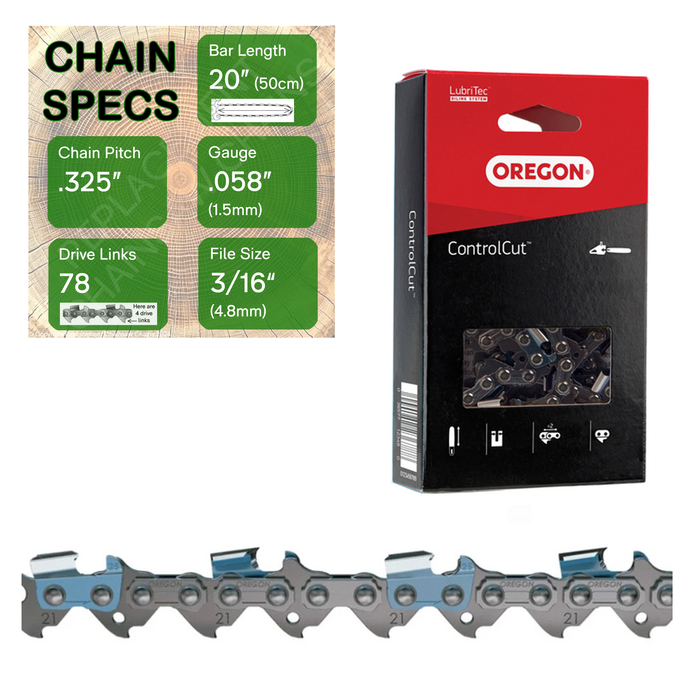 20" Oregon 21BPX078 Chainsaw Chain with specs