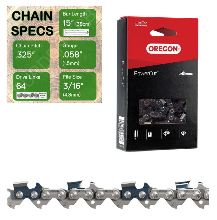 15" Oregon 21LPX064 Chainsaw Chain with specs