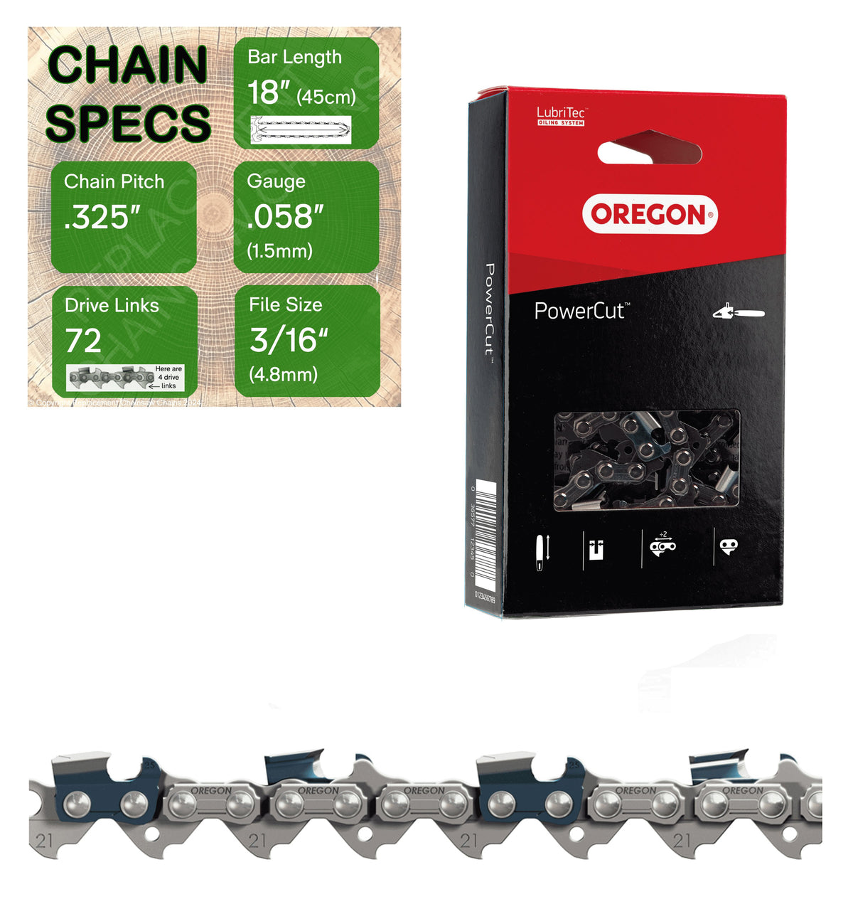 18" OREGON 21LPX072 Full Chisel Fast Cutting Replacement Chainsaw Chain