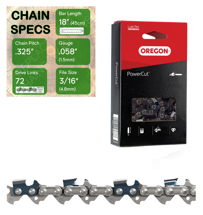 18" Oregon 21LPX072 Chainsaw Chain with specs