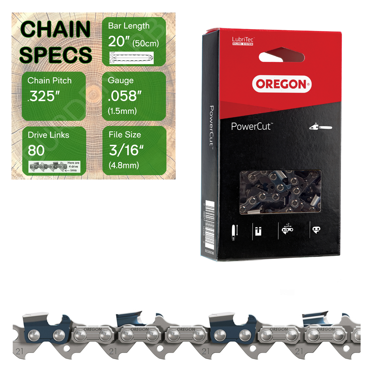 20" Oregon 21LPX080 Chainsaw Chain with specs