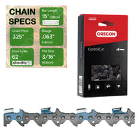 15" Oregon 22BPX062 Chainsaw Chain with specs