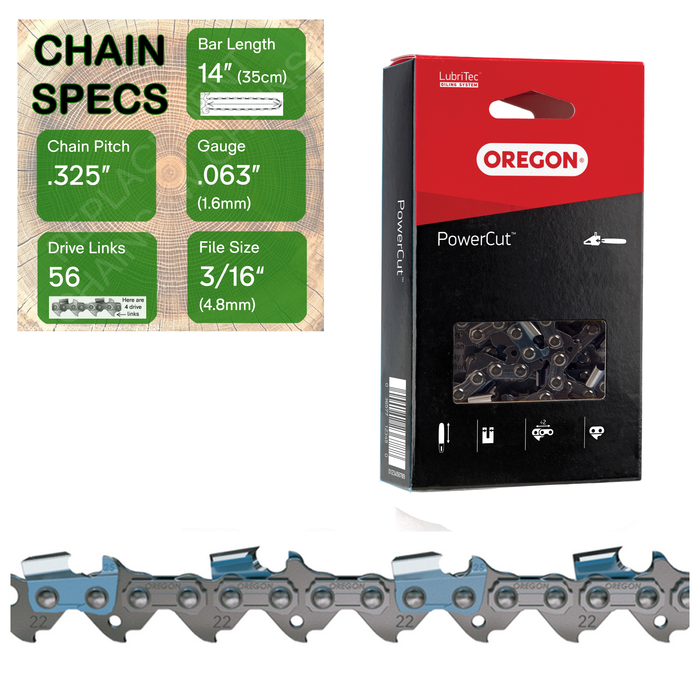 14" Oregon 22LPX056 Chainsaw Chain with specs