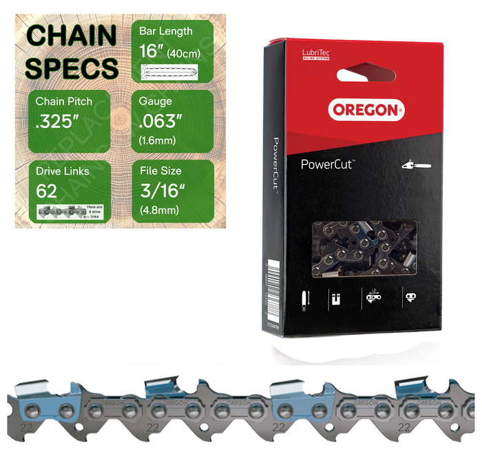 16" Oregon 22LPX062 Chainsaw Chain with specs