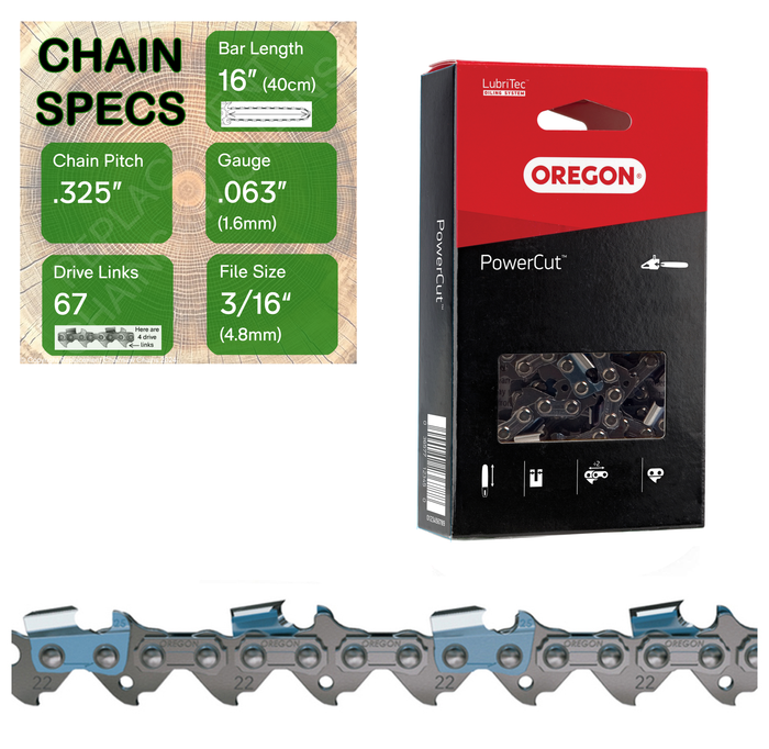 16" Oregon 22LPX067 Chainsaw Chain with specs