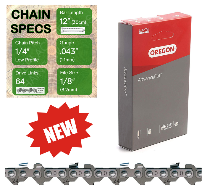 New 12" Oregon 24AP064 Chainsaw Chain with specs