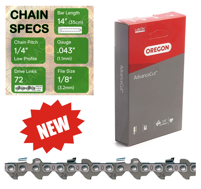 New 14" Oregon 24AP072 Chainsaw Chain with specs