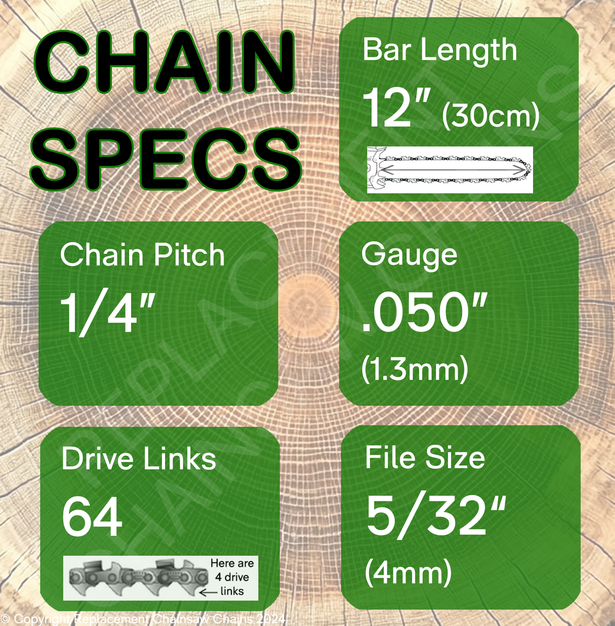 12" 64DL Oregon Type 25 Chain Specs