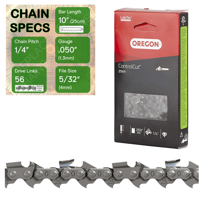 10" Oregon 25AP056 Chainsaw Chain with specs