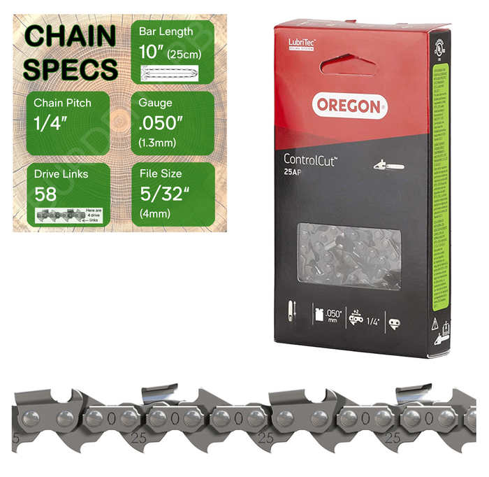 10" Oregon 25AP058 Chainsaw Chain with specs