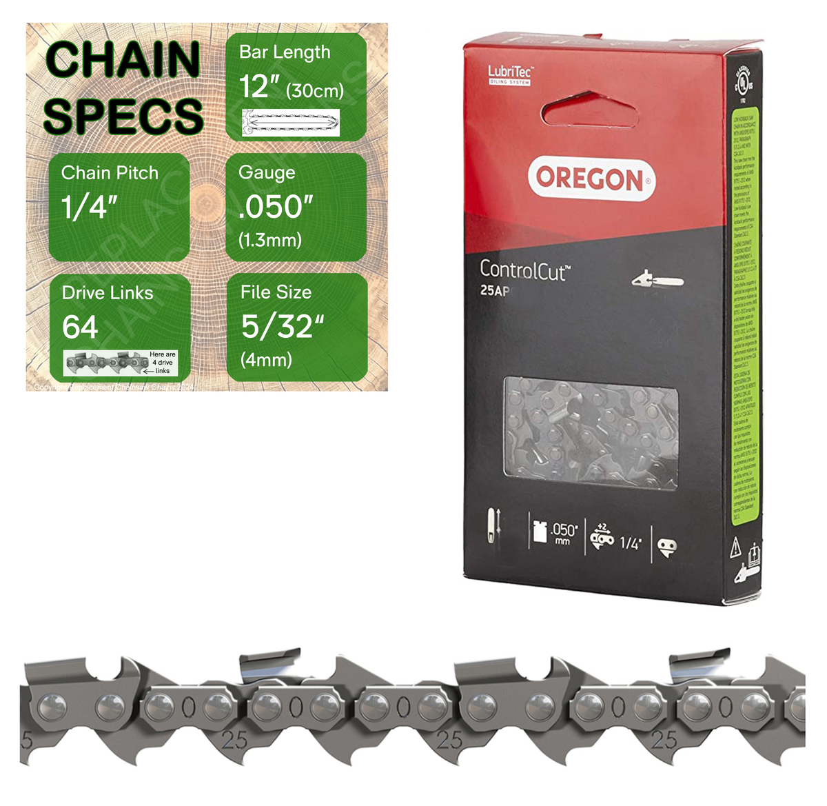 12" Oregon 25AP064 Chainsaw Chain with specs