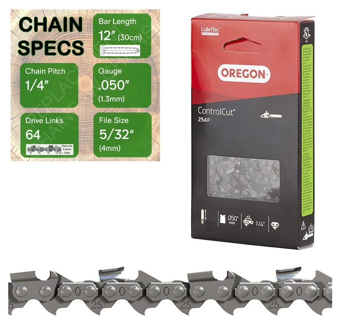 12" Oregon 25AP064 Chainsaw Chain with specs