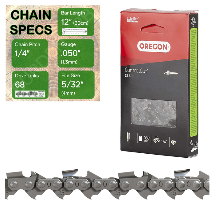 12" Oregon 25AP068 Chainsaw Chain with specs