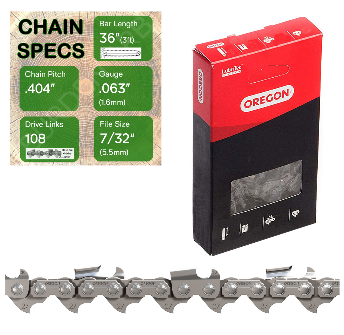 36" Oregon 27R108 Chainsaw Chain with specs