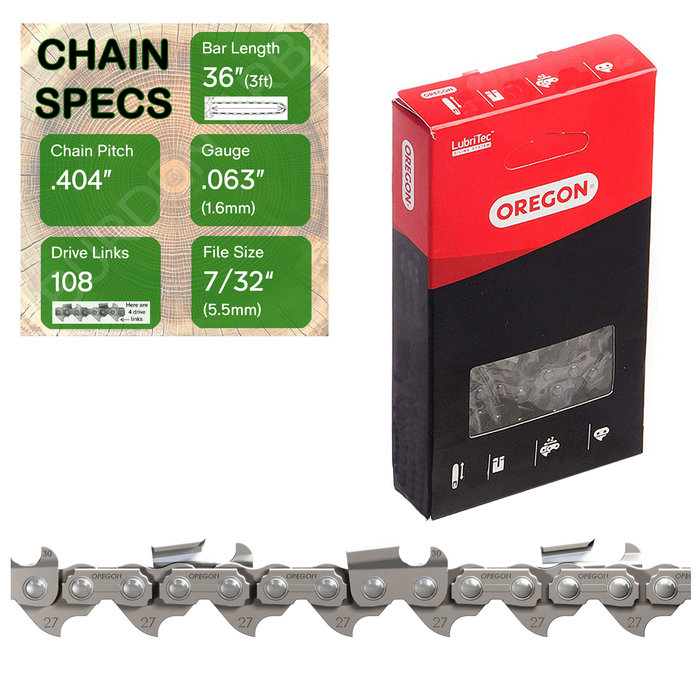 36" Oregon 27R108 Chainsaw Chain with specs
