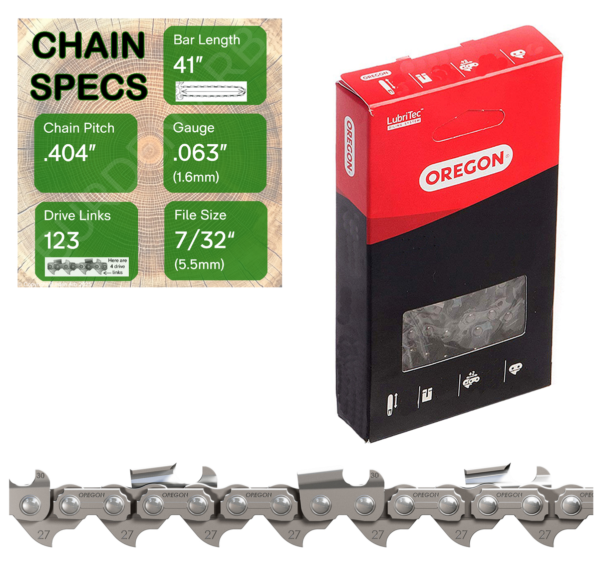 41" Oregon 27R123 Chainsaw Chain with specs