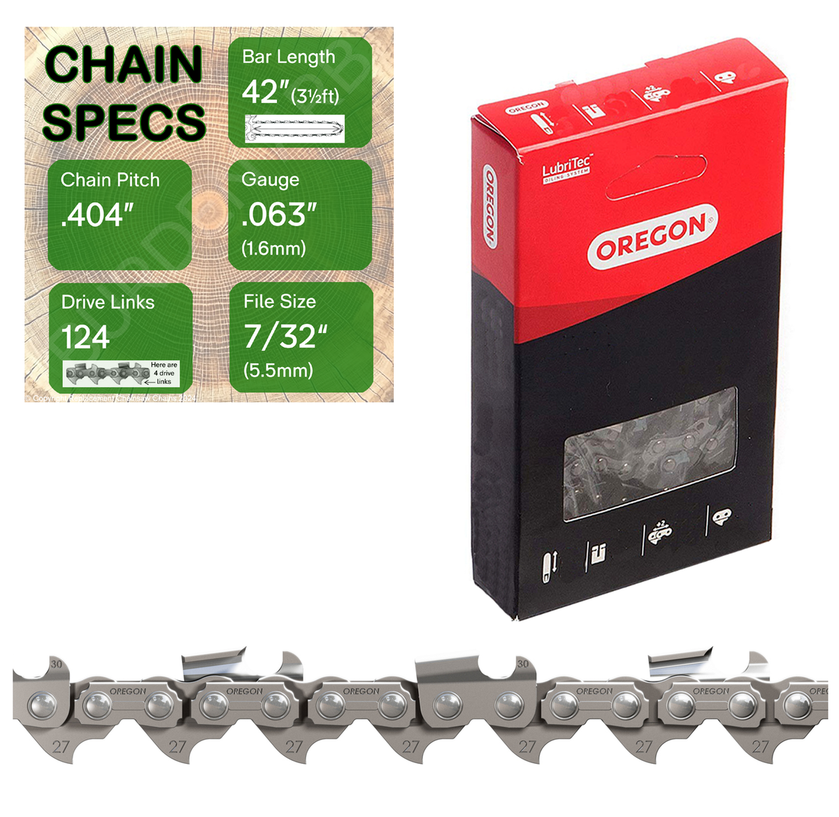 42" Oregon 27R124 Chainsaw Chain with specs
