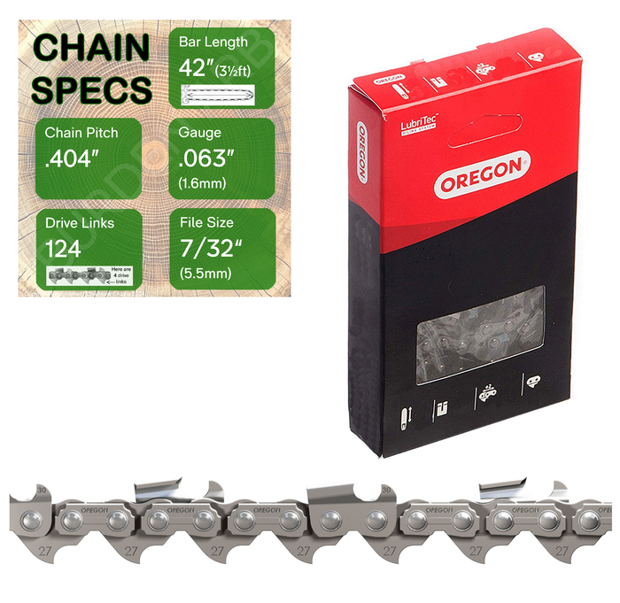 42" Oregon 27R124 Chainsaw Chain with specs