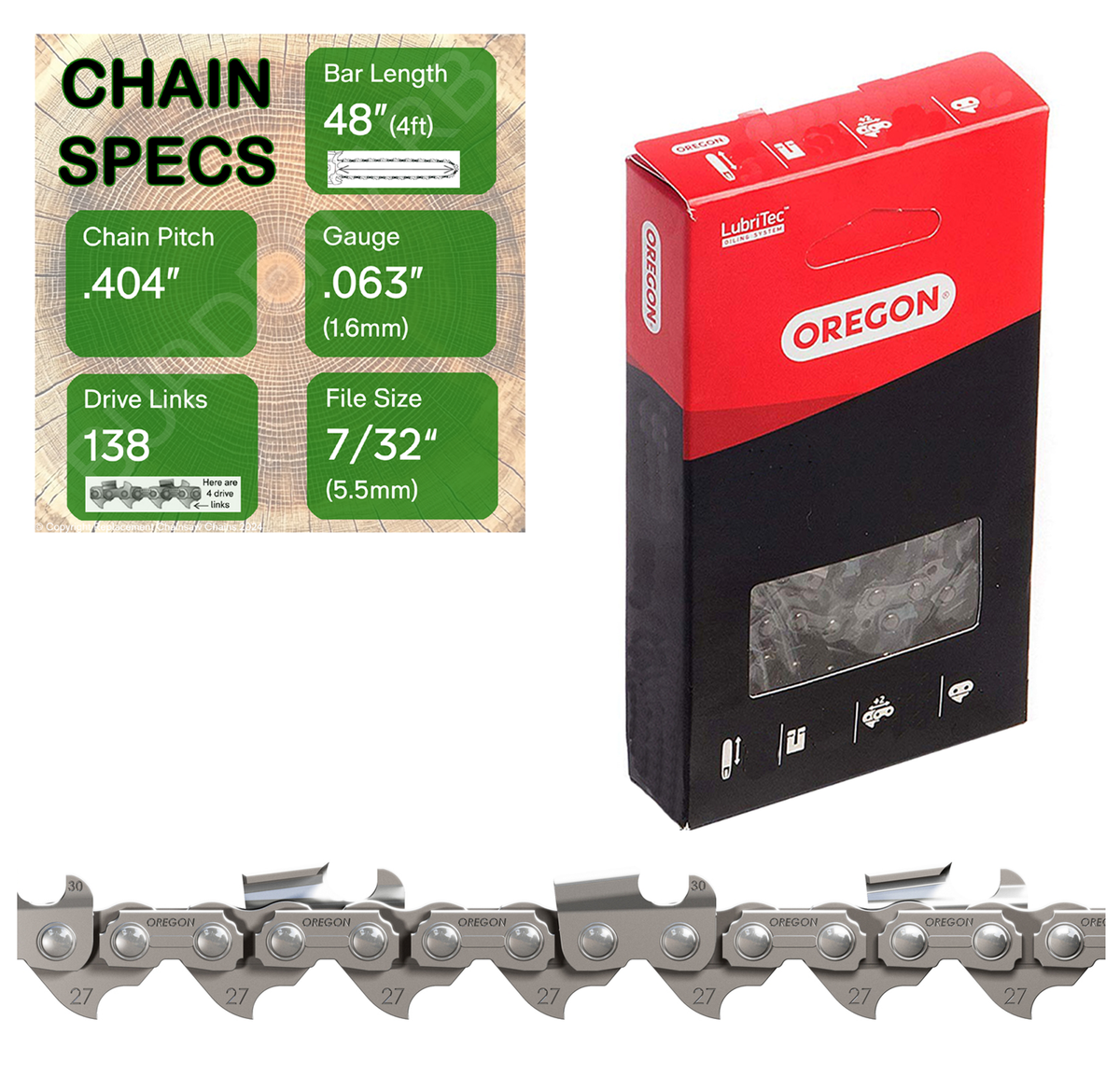 48" Oregon 27R138 Chainsaw Chain with specs