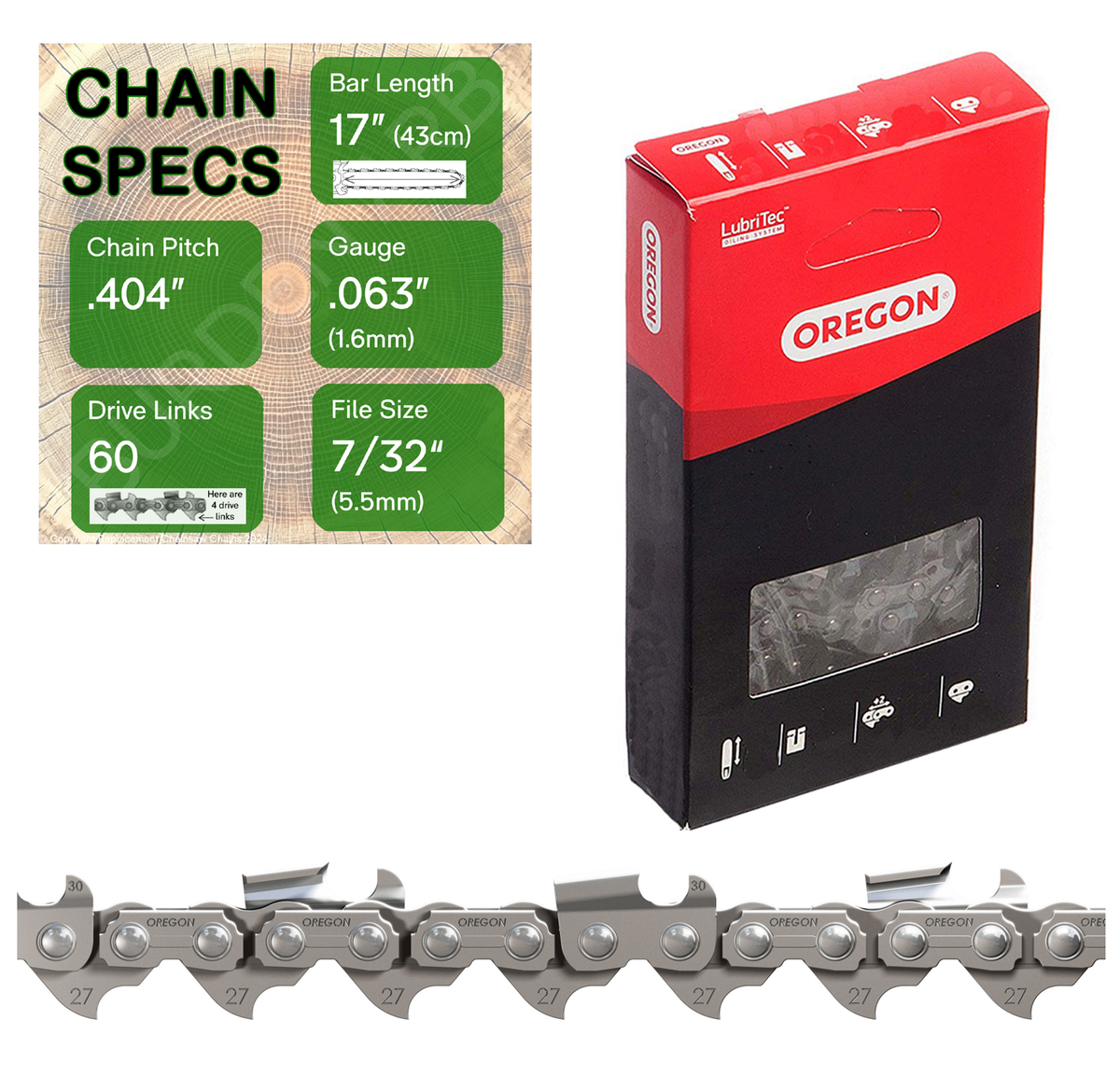 17" Oregon 27R060 Chainsaw Chain with specs