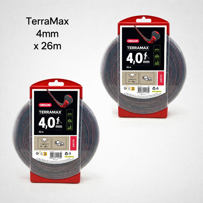 Two packages of Oregon Terramax 4mm x 26m string trimmer line on a white background