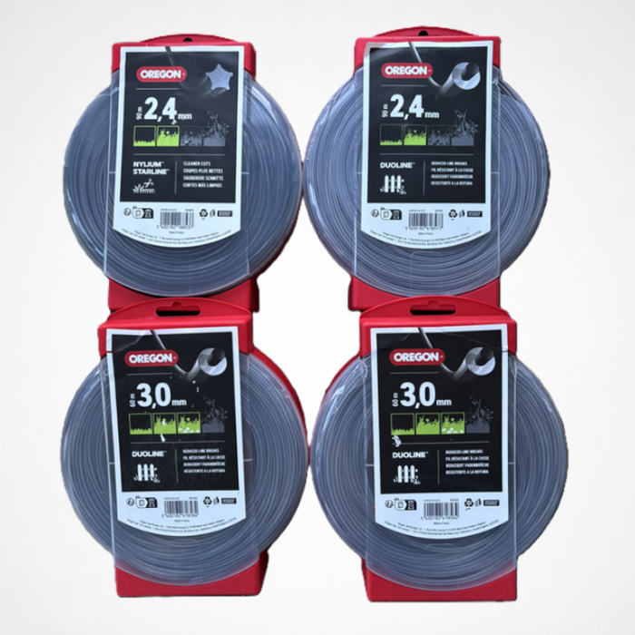 Four spools of Oregon brand nylon trimmer line on a white background.