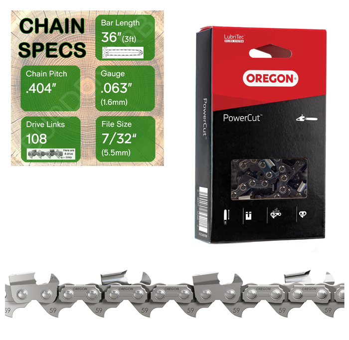 36" Oregon 59L108 Chainsaw Chain with specs
