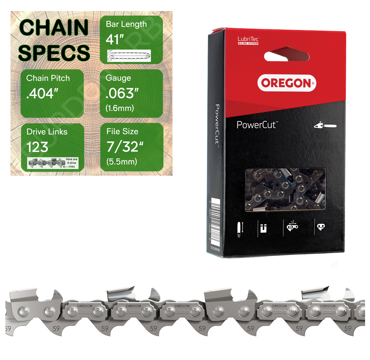 41" Oregon 59L123 Chainsaw Chain with specs