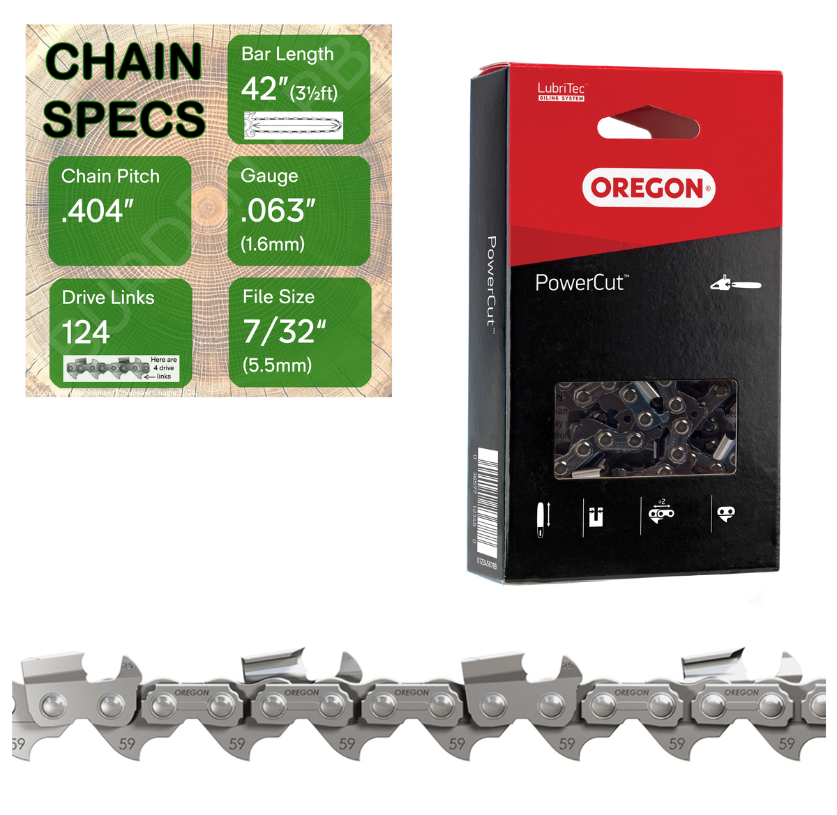 42" Oregon 59L124 Chainsaw Chain with specs