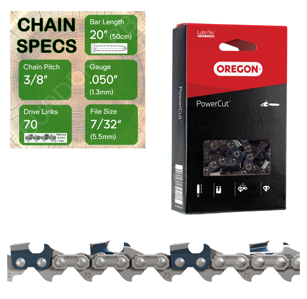 20" Oregon 72LPX070 Chainsaw Chain with specs