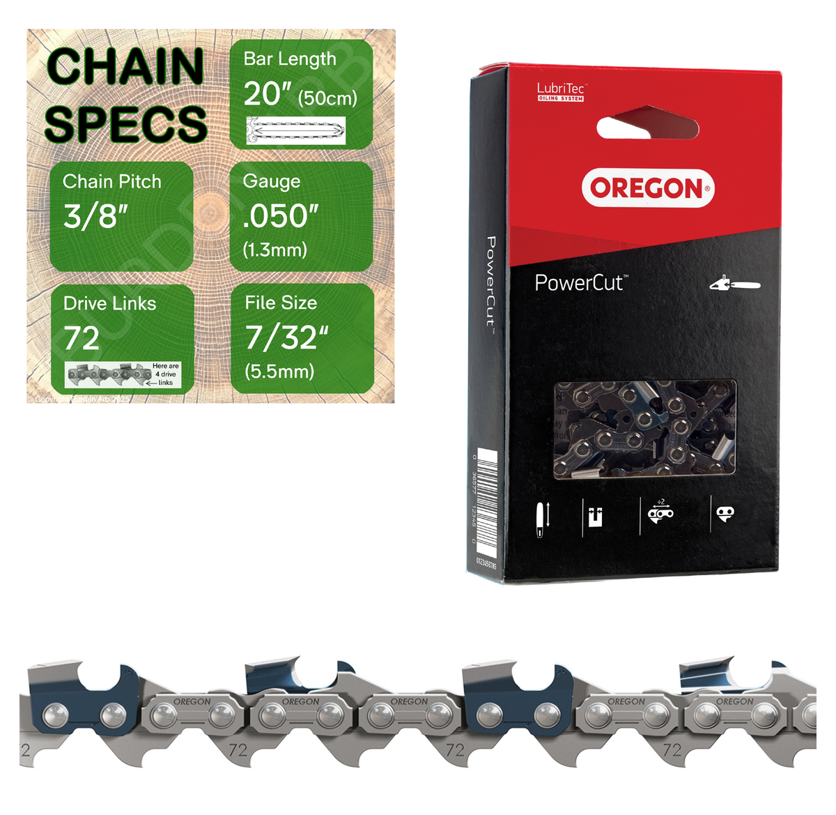 20" Oregon 72LPX072 Chainsaw Chain with specs