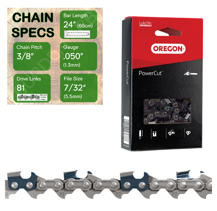 24" Oregon 72LPX081 Chainsaw Chain with specs