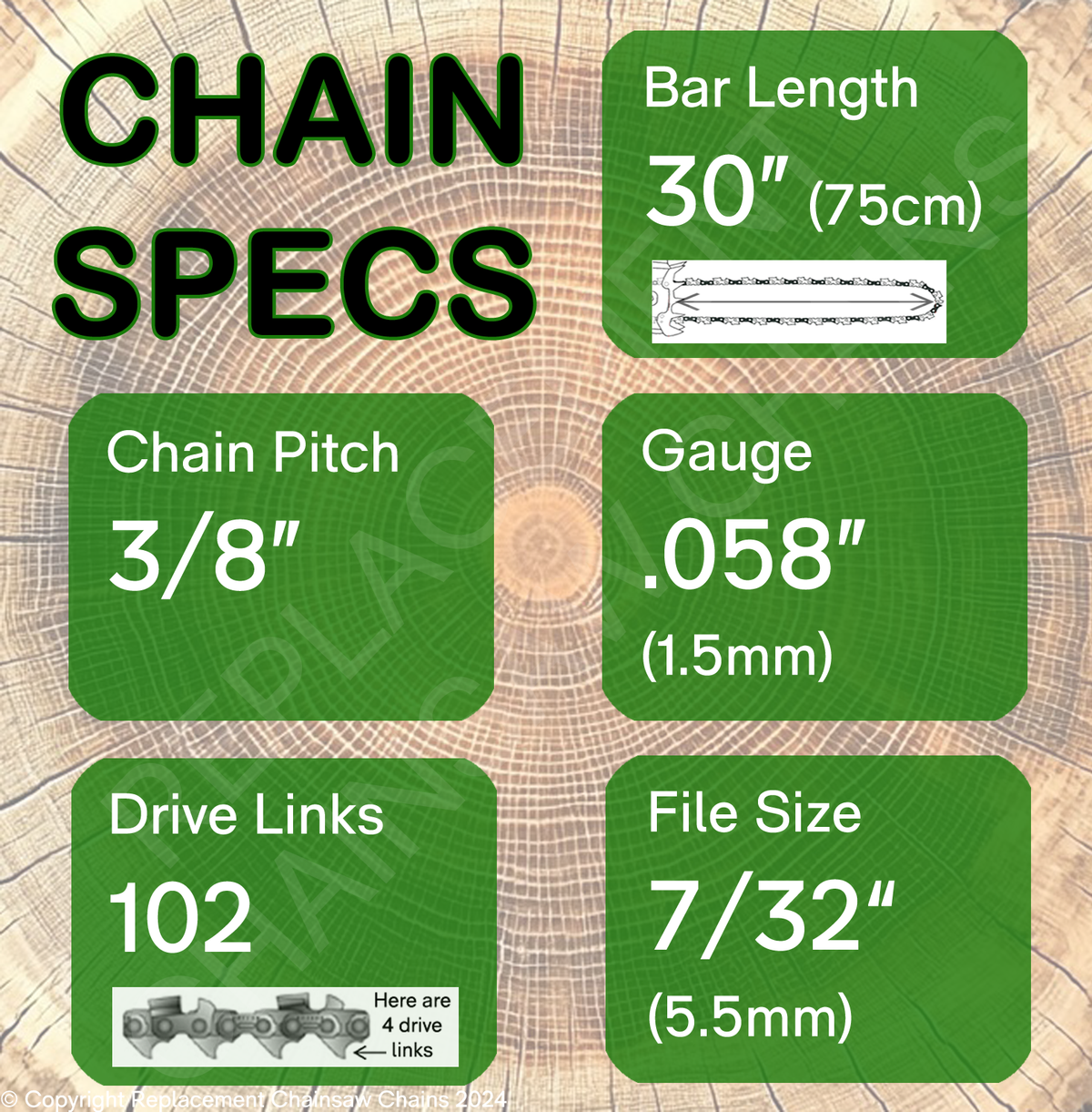 30" 102DL Oregon Type 73 Chain Specs