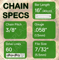 16" OREGON 73DPX060 Semi Chisel Reduced Kickback Replacement Chainsaw Chain