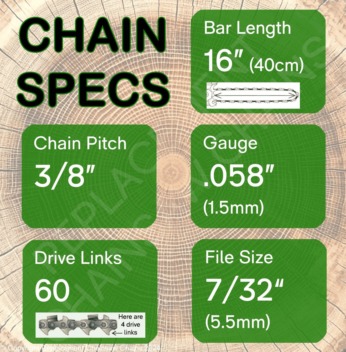 16" OREGON 73EXL060 Full Chisel Aggressive Replacement Chainsaw Chain