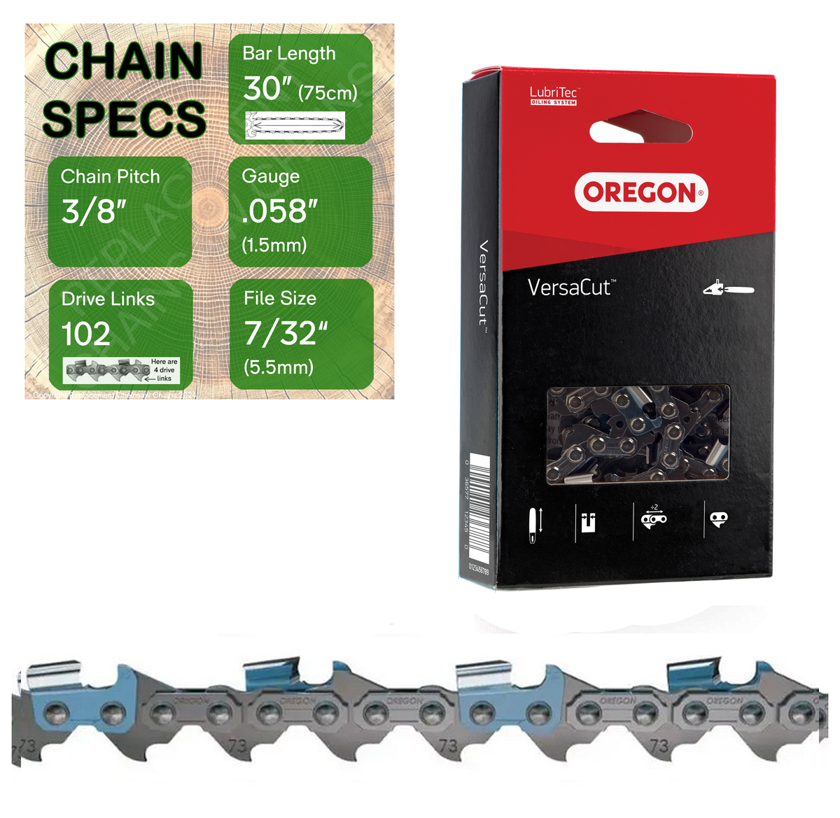 30" Oregon 73DPX102 Chainsaw Chain with specs