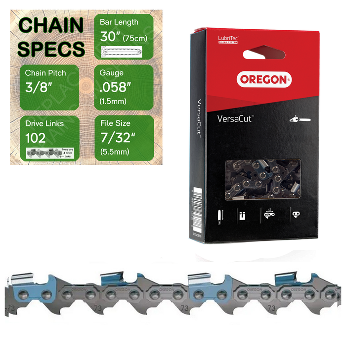30" Oregon 73DPX102 Chainsaw Chain with specs