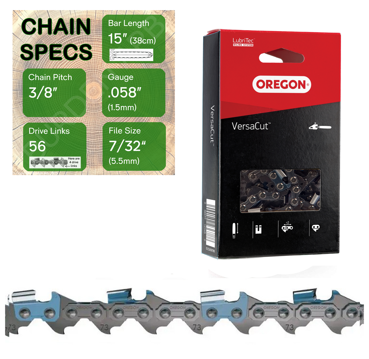 15" Oregon 73DPX056 Chainsaw Chain with specs