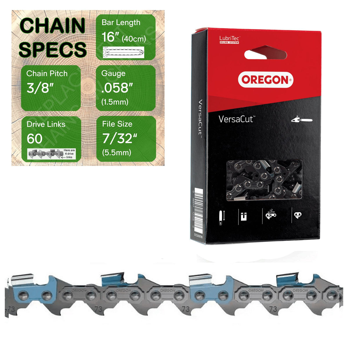 16" OREGON 73DPX060 Semi Chisel Reduced Kickback Replacement Chainsaw Chain